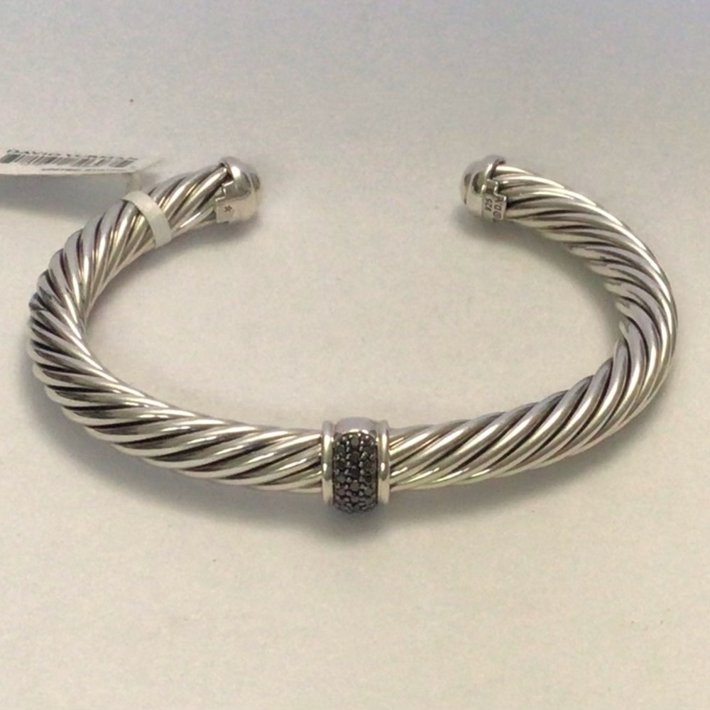 David Yurman Sterling Black diamond 7mm Single Station Puff Cable Bracelet NWT